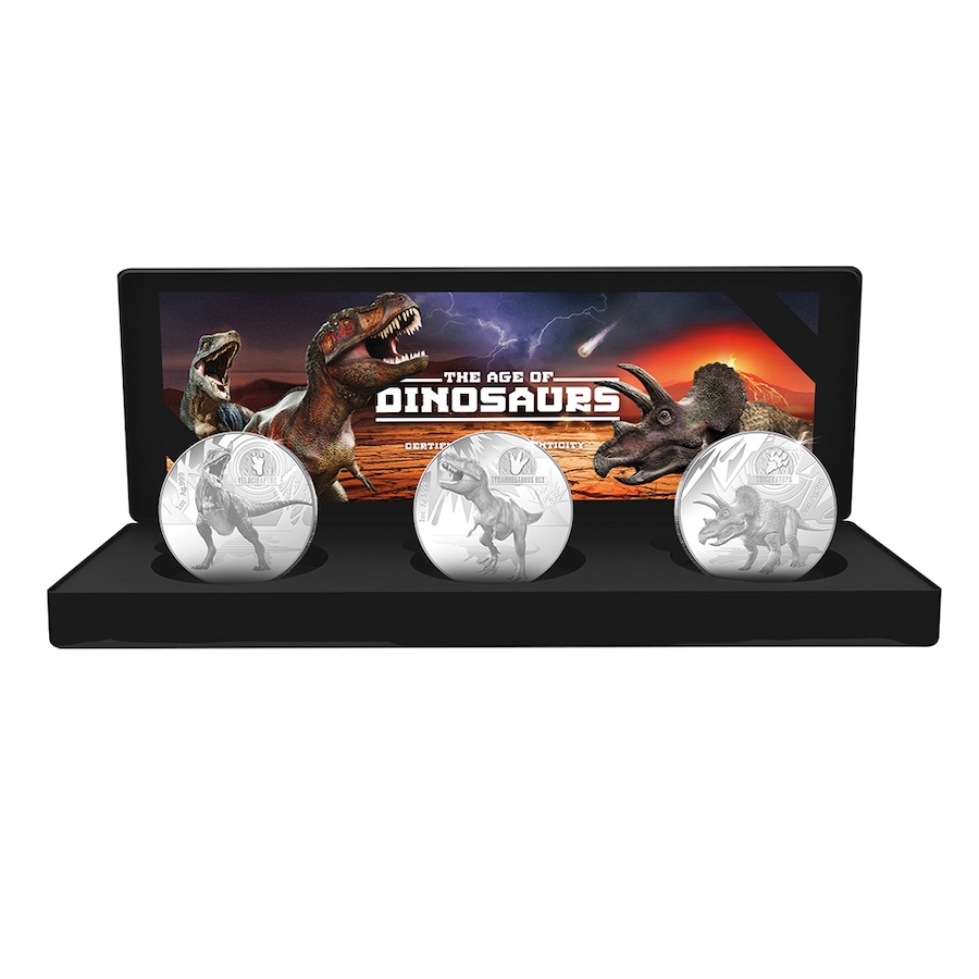 Image 705827.jpg, Product 705-827 / Price $399.95, 2021 Fine Silver Age of the Dinosaur Three-Coin Set $5 Solomon Islands from Canadian Coin & Currency on TSC.ca's Coins department