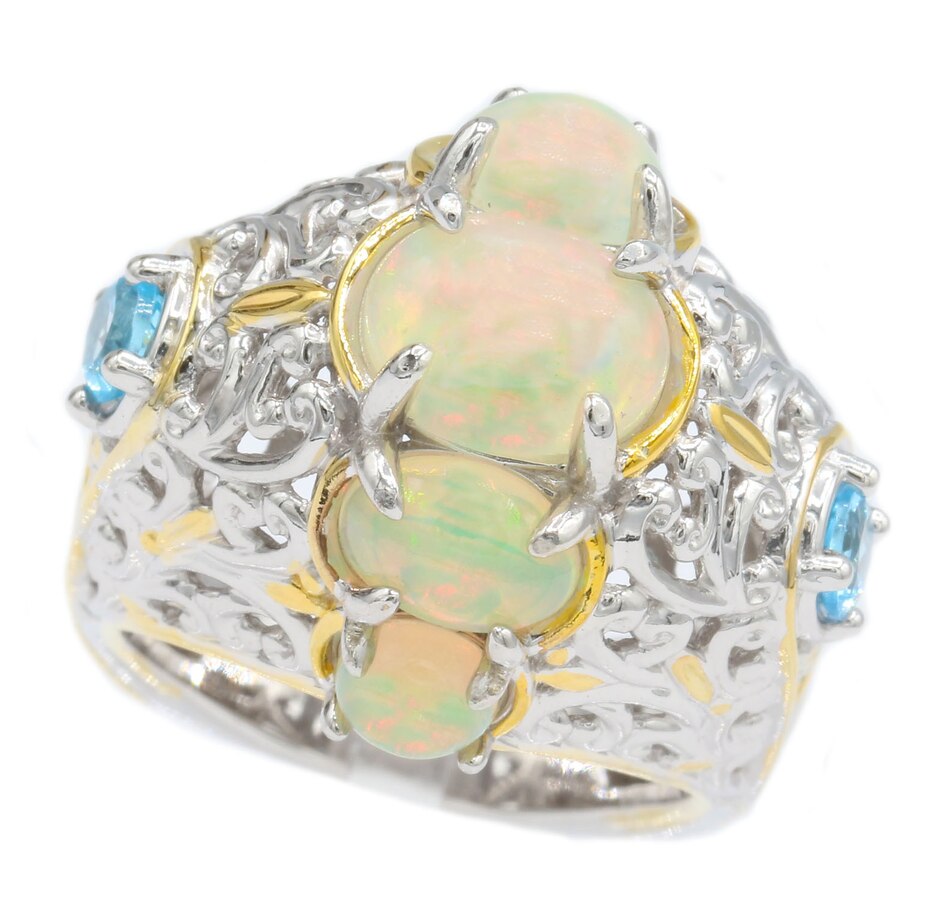 Image 706057.jpg, Product 706-057 / Price $272.99, Palladium Silver Ethiopian Opal & Swiss Blue Topaz Scrollwork Dome Ring from Gems En Vogue on TSC.ca's Jewellery department