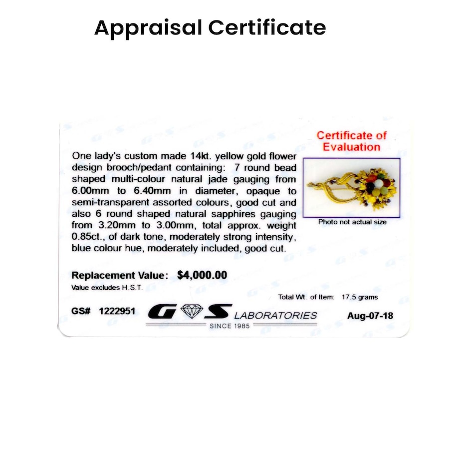 Image 706108_ALTMORE3.jpg, Product 706-108 / Price $2,395.00, Custom Made 14KT Yellow Gold Multi-Colour Jade Flower Brooch from Estate Originals on TSC.ca's Jewellery department