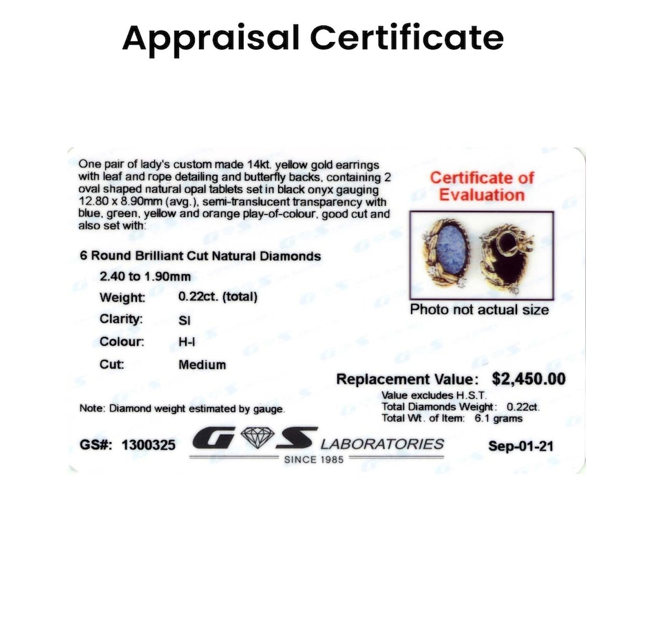 Image 706150_ALTMORE3.jpg, Product 706-150 / Price $1,495.00, Custom Made 14KT Yellow Gold Opal , Onyx and Diamond Earrings from Estate Originals on TSC.ca's Jewellery department