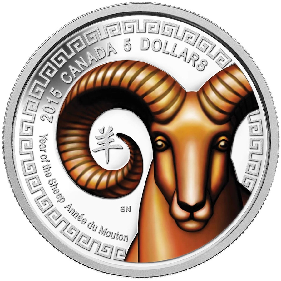 Image 706441.jpg, Product 706-441 / Price $129.95, 2015 Colour Proof Fine Silver $5 Coin - Year of the Sheep from Royal Canadian Mint (RCM) on TSC.ca's Coins department