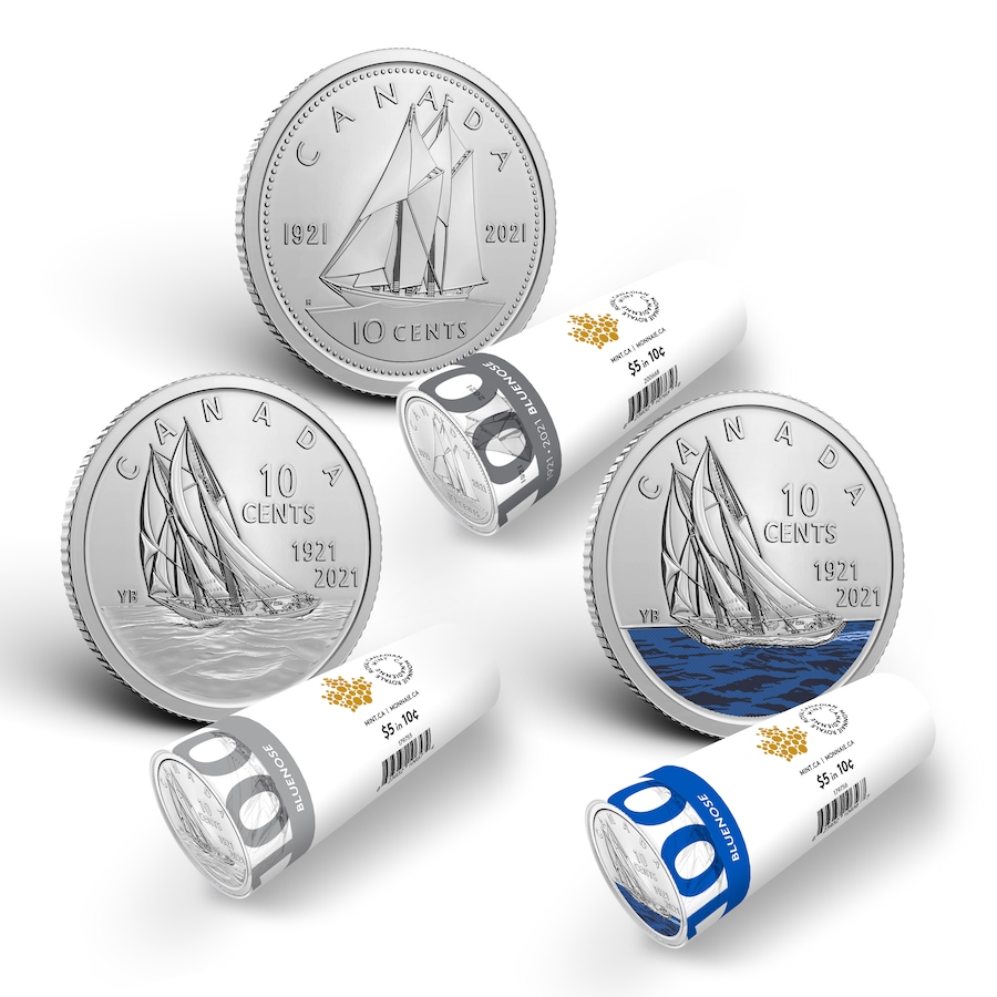 Image 706955_ALTMORE1.jpg, Product 706-955 / Price $39.95, Set of Three 2021 Bluenose 10-Cent Special Wrap Rolls, Classic and Coloured Commemoratives plus Classic Double-Dated Design (150 coins total) from Royal Canadian Mint (RCM) on TSC.ca's Coins department