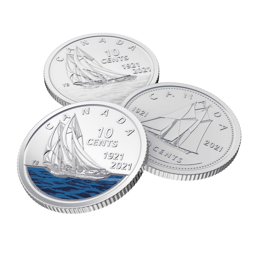 Image 706955_ALTMORE2.jpg, Product 706-955 / Price $39.95, Set of Three 2021 Bluenose 10-Cent Special Wrap Rolls, Classic and Coloured Commemoratives plus Classic Double-Dated Design (150 coins total) from Royal Canadian Mint (RCM) on TSC.ca's Coins department