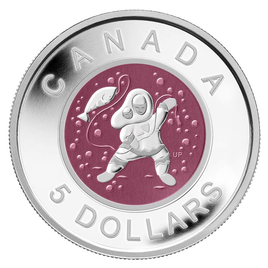 Image 707054.jpg, Product 707-054 / Price $119.95, 2013 $5 Proof Niobium and Silver Coin Contemporary Indigenous Art - Mother and Baby Ice Fishing from Royal Canadian Mint (RCM) on TSC.ca's Coins department