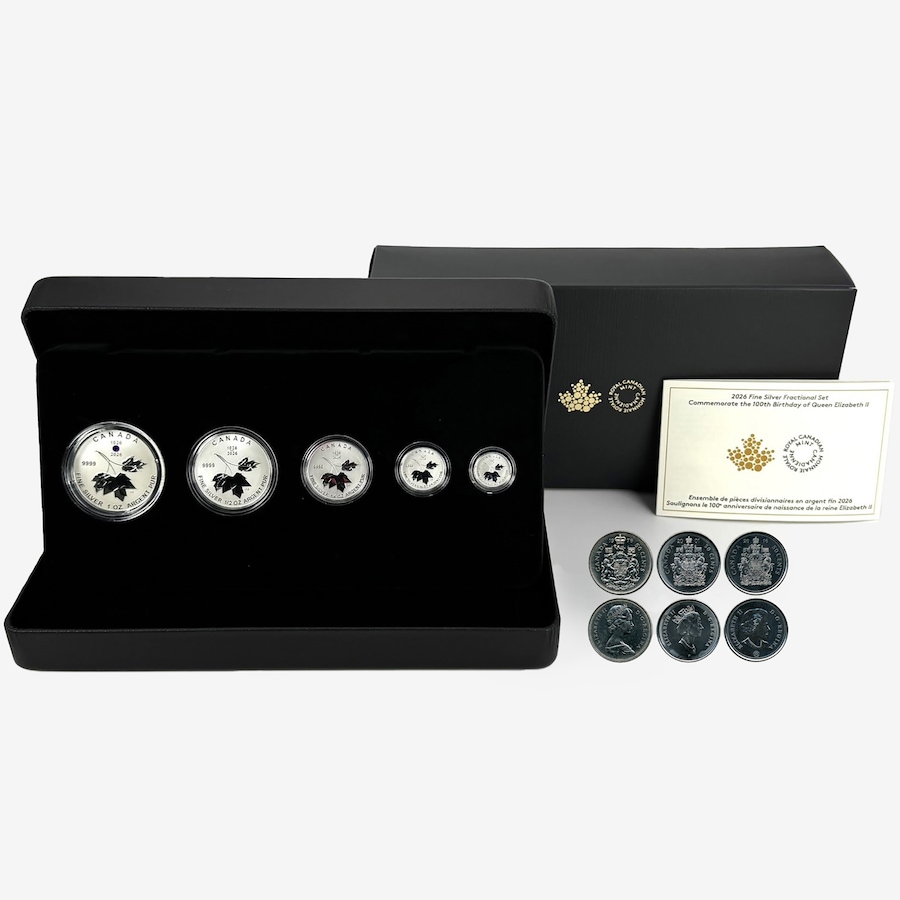 Image 707087.jpg, Product 707-087 / Price $529.95, 2026 Fine Silver Fractional Coin Set Queen Elizabeth II 100th Birthday plus Three Free Bonus Coins from Royal Canadian Mint (RCM) on TSC.ca's Coins department