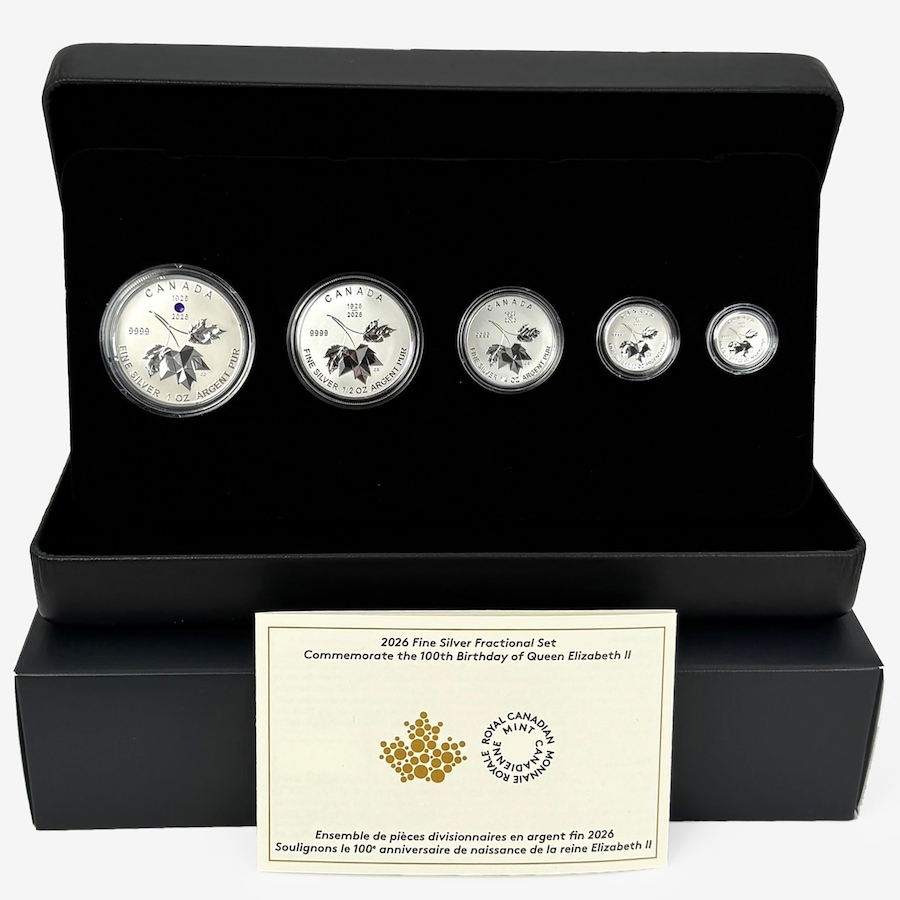 Image 707087_ALTMORE2.jpg, Product 707-087 / Price $529.95, 2026 Fine Silver Fractional Coin Set Queen Elizabeth II 100th Birthday plus Three Free Bonus Coins from Royal Canadian Mint (RCM) on TSC.ca's Coins department