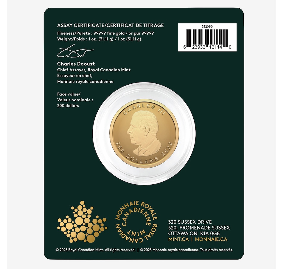 Image 707093_ALTMORE1.jpg, Product 707-093 / Price $6,199.95, 2026 $200 Limited Edition One-Ounce .99999 Fine Gold Maple Leaf Coin from Royal Canadian Mint (RCM) on TSC.ca's Coins department