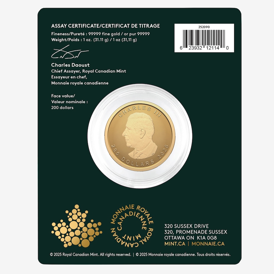 Image 707093_ALTMORE1.jpg, Product 707-093 / Price $6,199.95, 2026 $200 Limited Edition One-Ounce .99999 Fine Gold Maple Leaf Coin from Royal Canadian Mint (RCM) on TSC.ca's Coins department