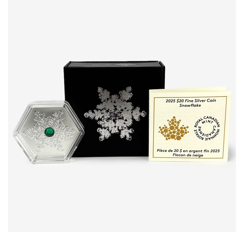 Image 707094.jpg, Product 707-094 / Price $259.95, 2025 $20 Hexagonal Snowflake Fine Silver Coin with an Evergreen Crystal from Royal Canadian Mint (RCM) on TSC.ca's Coins department