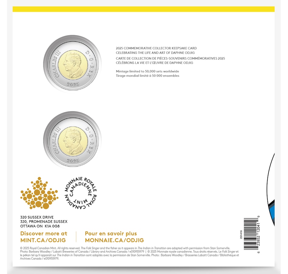 Image 707098_ALTMORE1.jpg, Product 707-098 / Price $14.95, 2025 Folk Singer by Daphne Odjig Numismatic Uncirculated Keepsake Set featuring Two Different $2 Commemorative Coins from Royal Canadian Mint (RCM) on TSC.ca's Coins department