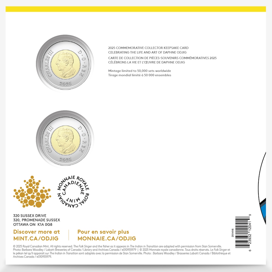 Image 707098_ALTMORE1.jpg, Product 707-098 / Price $14.95, 2025 Folk Singer by Daphne Odjig Numismatic Uncirculated Keepsake Set featuring Two Different $2 Commemorative Coins from Royal Canadian Mint (RCM) on TSC.ca's Coins department