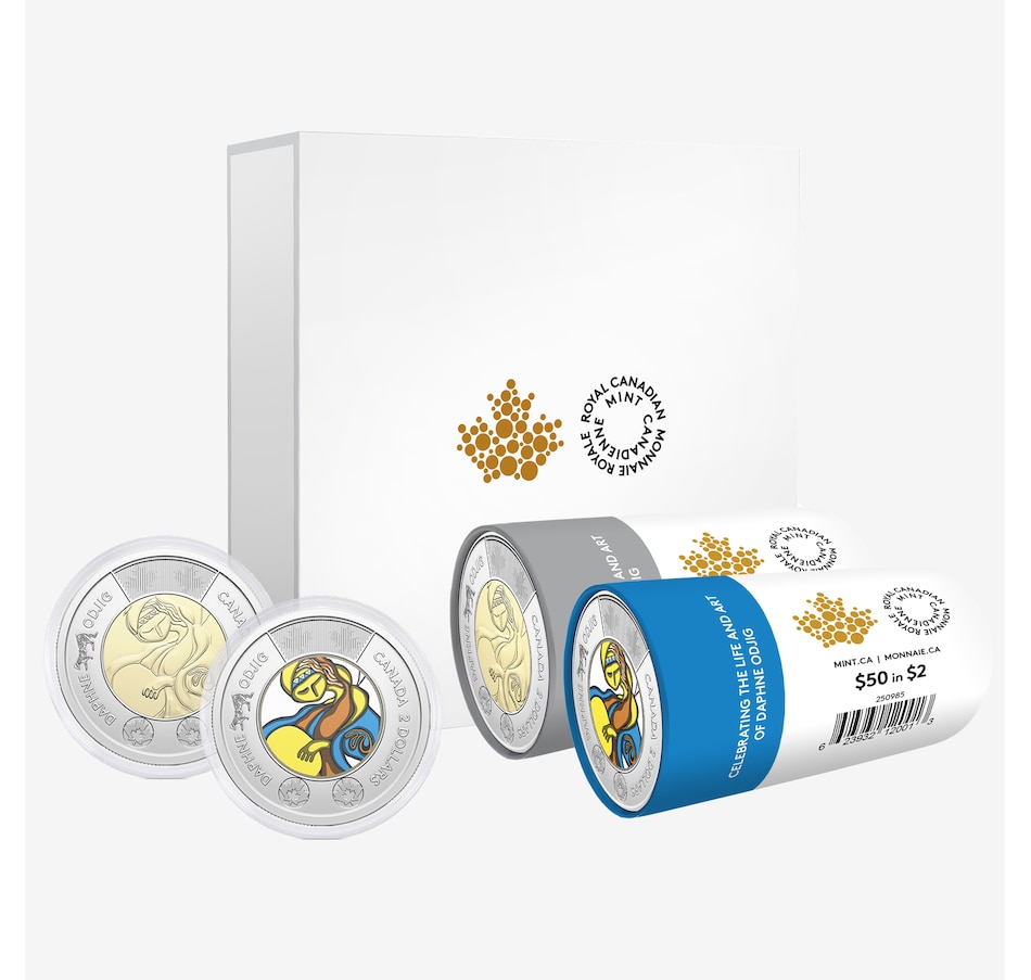 Image 707099.jpg, Product 707-099 / Price $187.95, 2025 $2 Daphne Odjig Set of Two Special Wrap Rolls (25 Coloured Coins and 25 Classic Coins, plus Two Extra Coins in Display Capsules) from Royal Canadian Mint (RCM) on TSC.ca's Coins department