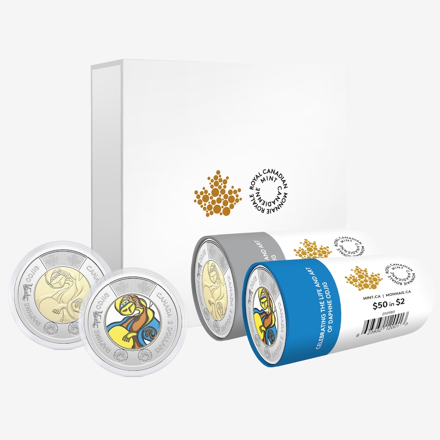 Image 707099.jpg, Product 707-099 / Price $187.95, 2025 $2 Daphne Odjig Set of Two Special Wrap Rolls (25 Coloured Coins and 25 Classic Coins, plus Two Extra Coins in Display Capsules) from Royal Canadian Mint (RCM) on TSC.ca's Coins department