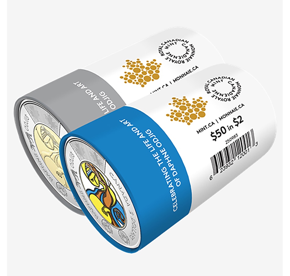 Image 707099_ALTMORE1.jpg, Product 707-099 / Price $187.95, 2025 $2 Daphne Odjig Set of Two Special Wrap Rolls (25 Coloured Coins and 25 Classic Coins, plus Two Extra Coins in Display Capsules) from Royal Canadian Mint (RCM) on TSC.ca's Coins department