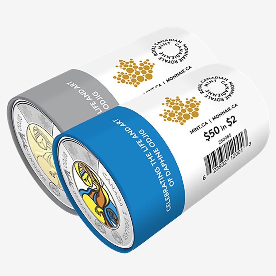 Image 707099_ALTMORE1.jpg, Product 707-099 / Price $187.95, 2025 $2 Daphne Odjig Set of Two Special Wrap Rolls (25 Coloured Coins and 25 Classic Coins, plus Two Extra Coins in Display Capsules) from Royal Canadian Mint (RCM) on TSC.ca's Coins department