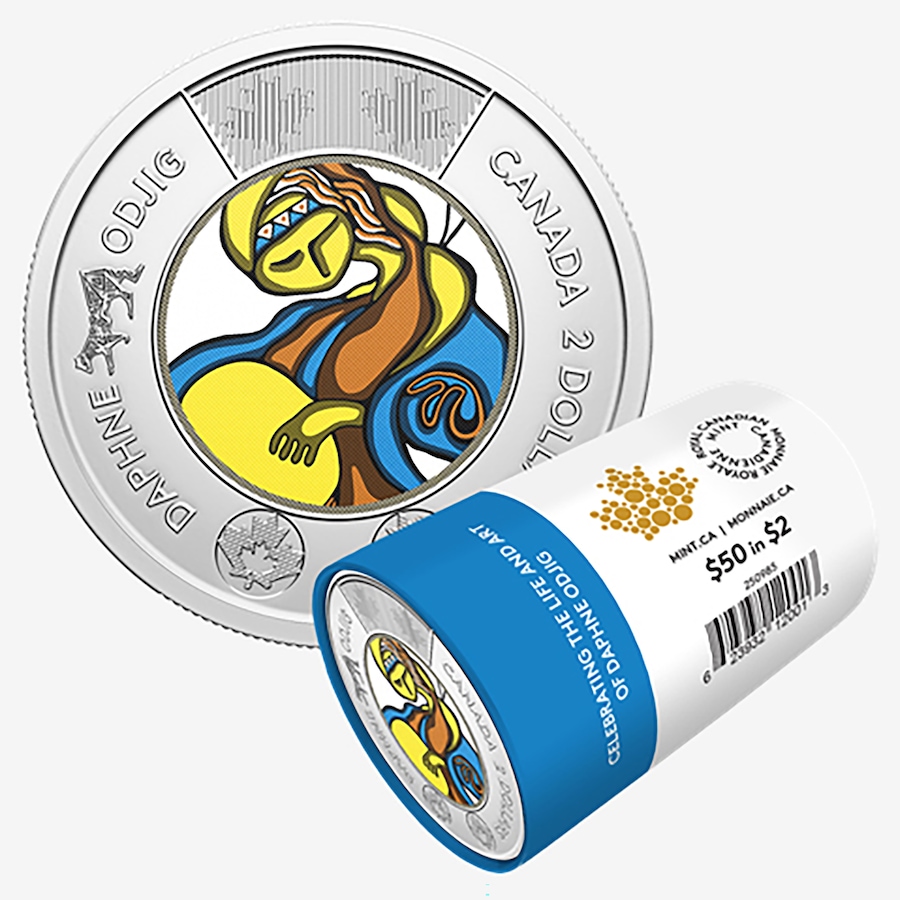 Image 707100.jpg, Product 707-100 / Price $89.95, 2025 $2 Special Wrap Roll Celebrating the Life and Art of Daphne Odjig (colour version, 25 coins per roll) from Royal Canadian Mint (RCM) on TSC.ca's Coins department