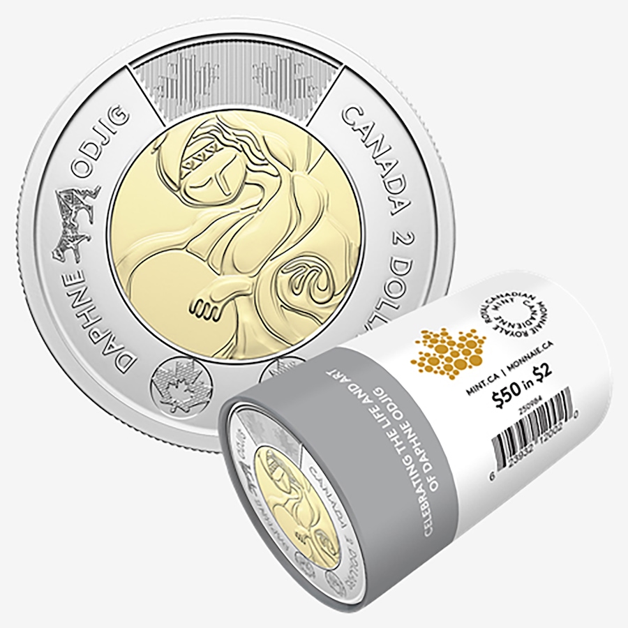 Image 707101.jpg, Product 707-101 / Price $89.95, 2025 $2 Special Wrap Roll Celebrating the Life and Art of Daphne Odjig (classic engraved version, 25 coins per roll) from Royal Canadian Mint (RCM) on TSC.ca's Coins department