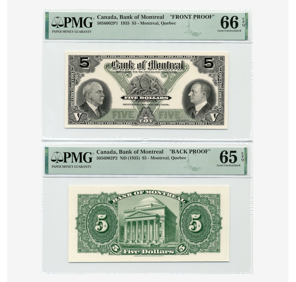 Image 707105.jpg, Product 707-105 / Price $875.00, 1935 $5 Bank of Montreal, Front and Back Proof - PMG Gem UNC 65 EPQ, UNC 66 EPQ from Canadian Coin & Currency on TSC.ca's Coins department