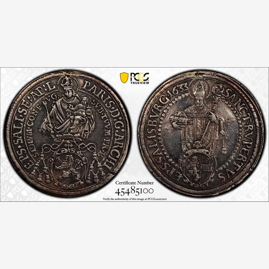 Image 707114.jpg, Product 707-114 / Price $850.00, Austria-Salzburg 1633 Madonna Thaler, Paris von Lodron, PCGS AU50 Detail from Canadian Coin & Currency on TSC.ca's Coins department
