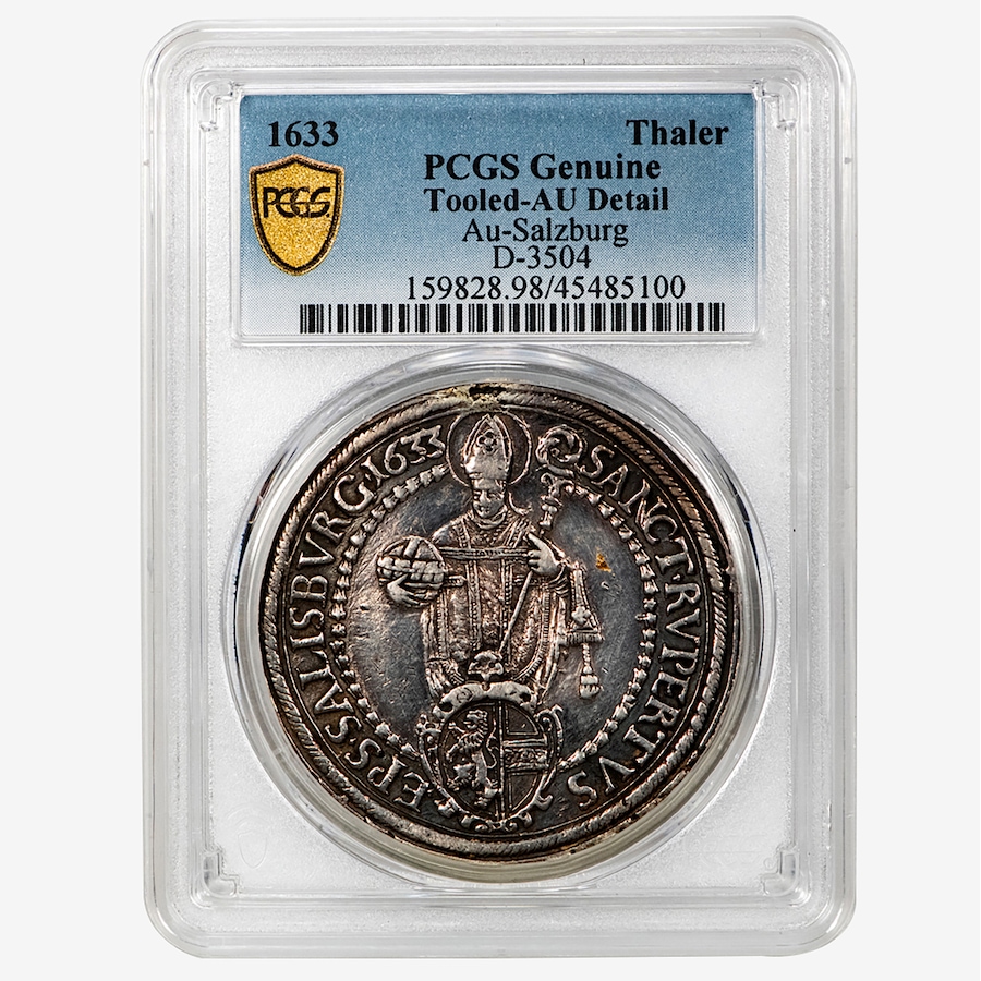 Image 707114_ALTMORE1.jpg, Product 707-114 / Price $850.00, Austria-Salzburg 1633 Madonna Thaler, Paris von Lodron, PCGS AU50 Detail from Canadian Coin & Currency on TSC.ca's Coins department