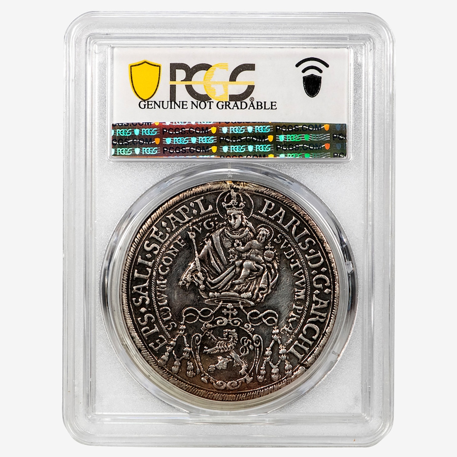 Image 707114_ALTMORE2.jpg, Product 707-114 / Price $850.00, Austria-Salzburg 1633 Madonna Thaler, Paris von Lodron, PCGS AU50 Detail from Canadian Coin & Currency on TSC.ca's Coins department