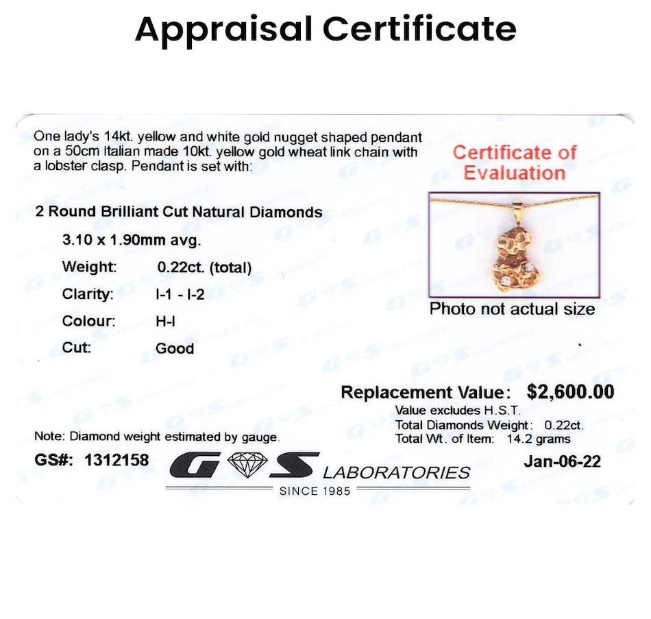 Image 708533_ALTMORE4.jpg, Product 708-533 / Price $1,495.00, Estate Originals 14K Yellow and White Gold Nugget Shaped Pendant with Two Diamonds and a 10K Yellow Gold Chain from Estate Originals on TSC.ca's Jewellery department