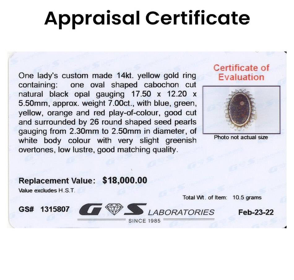 Image 708550_ALTMORE3.jpg, Product 708-550 / Price $8,995.00, Estate Originals Custom Made 14K Yellow Gold 7.00CT Black Opal and Seed Pearl Ring from Estate Originals on TSC.ca's Jewellery department