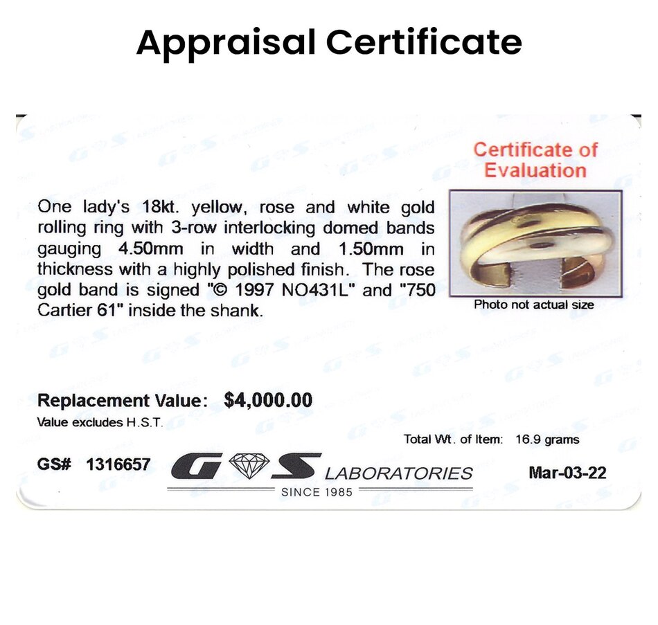 Image 708937_ALTMORE3.jpg, Product 708-937 / Price $2,995.00, Unisex 18KT Tri-Colour 'CARTIER' Trinity Ring from Estate Originals on TSC.ca's Jewellery department