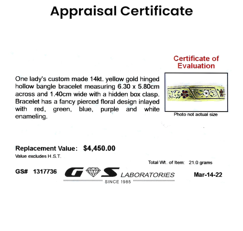 Image 708949_ALTMORE2.jpg, Product 708-949 / Price $2,695.00, Custom Made 14KT Yellow Gold Bangle Bracelet with Enamel Floral Design from Estate Originals on TSC.ca's Jewellery department