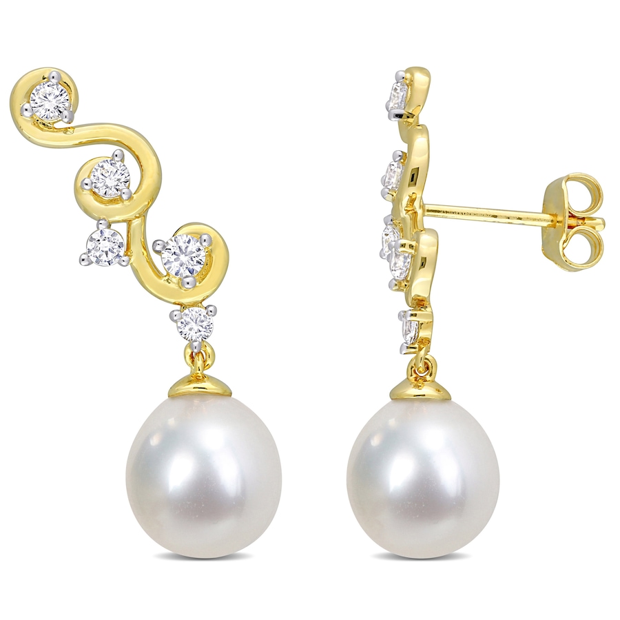 Image 708996.jpg, Product 708-996 / Price $239.99, Sterling Silver Yellow Gold Plate 8-9mm Cultured Freshwater Pearl & Created White Sapphire Earrings from The Vault on TSC.ca's Jewellery department
