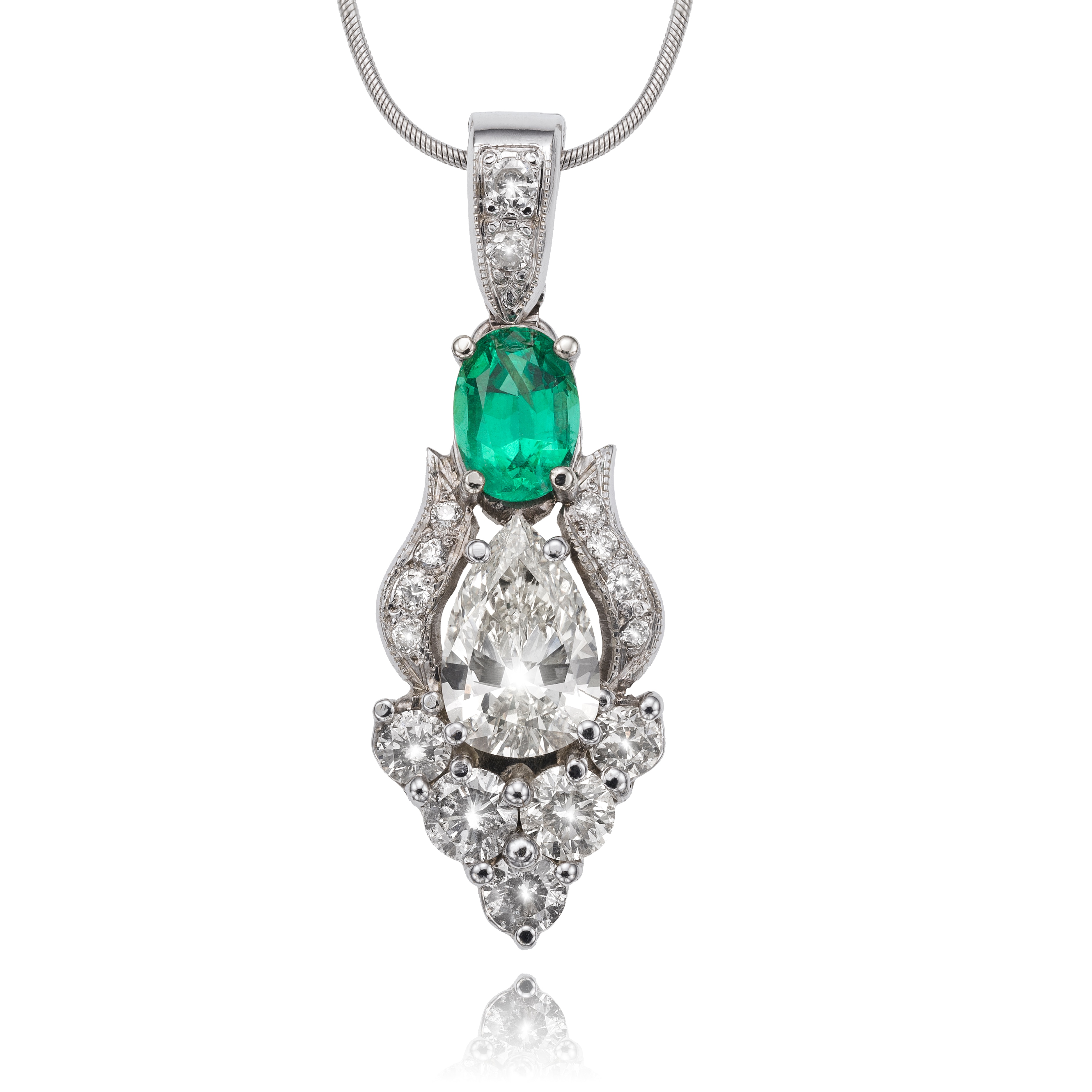 Custom Made 14KT White Gold Antique Emerald and Diamond Pendant