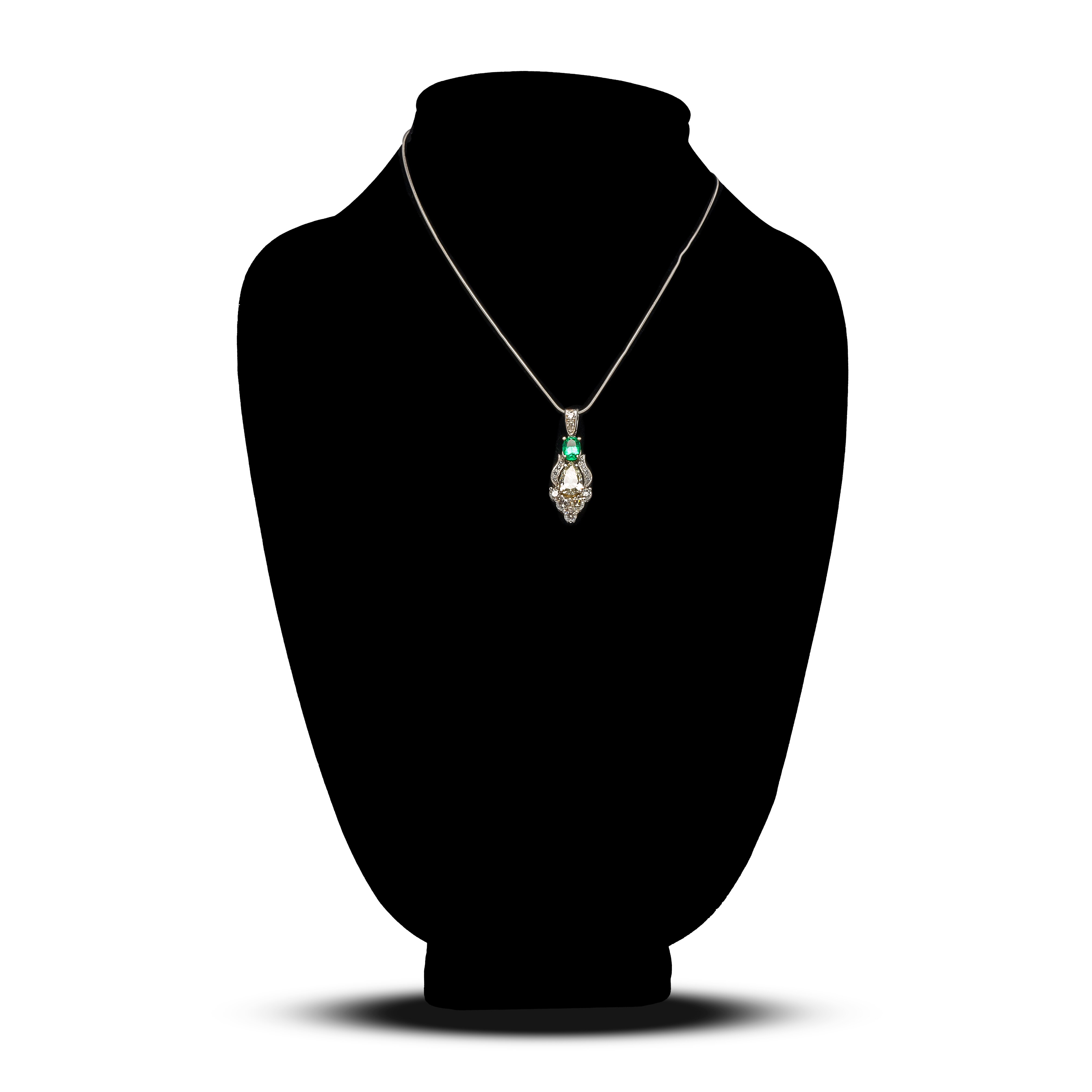 Custom Made 14KT White Gold Antique Emerald and Diamond Pendant