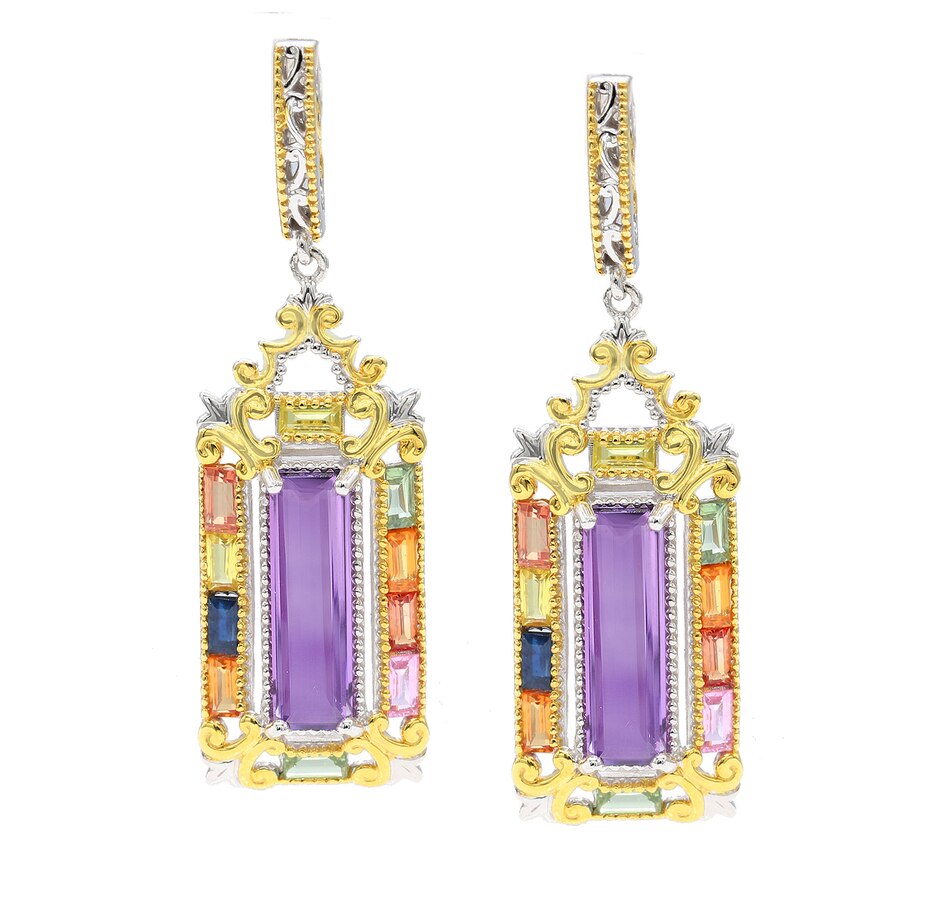 Jewellery Earrings Gems En Vogue Palladium Silver Brazilian Amethyst & Multi Sapphire Halo