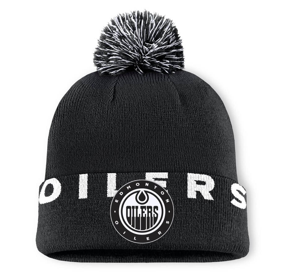 Image 709355.jpg, Product 709-355 / Price $39.99, Men's Edmonton Oilers Fanatics Black High Stick Cuffed Knit Hat with Pom from Fanatics on TSC.ca's Sports department