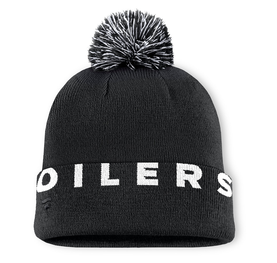 Image 709355_ALTMORE1.jpg, Product 709-355 / Price $39.99, Men's Edmonton Oilers Fanatics Black High Stick Cuffed Knit Hat with Pom from Fanatics on TSC.ca's Sports department