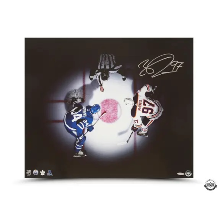 Image 709425.jpg, Product 709-425 / Price $1,539.99, Upper Deck Authenticated Connor McDavid Edmonton Oilers Austin Matthews Faceoff 20" x 24" Photo from Upper Deck on TSC.ca's Sports department