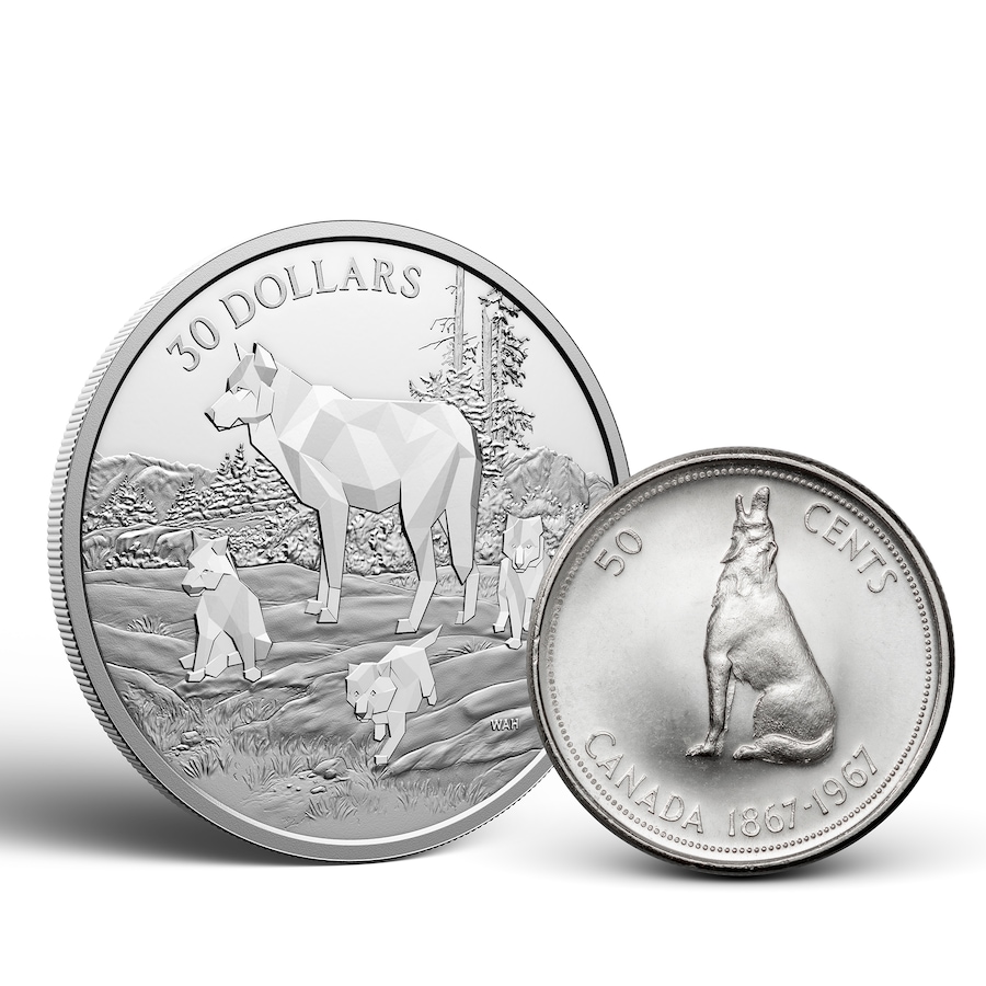 Image 711206_ALTMORE1.jpg, Product 711-206 / Price $419.95, 2024 Two-Ounce $30 Fine Silver Timber Wolves Multifaceted Animal Family Coin plus Exclusive Bonus: 1967 Howling Wolf Silver Half-Dollar from The Coin Show with Steven Bromberg on TSC.ca's Coins department