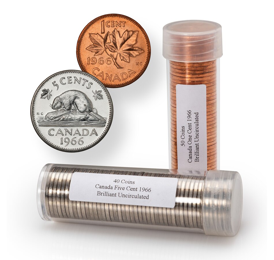 Image 711215.jpg, Product 711-215 / Price $99.95, 1966 Original Uncirculated Cent and Nickel Rolls (90 Coins Total) from The Coin Show with Steven Bromberg on TSC.ca's Coins department
