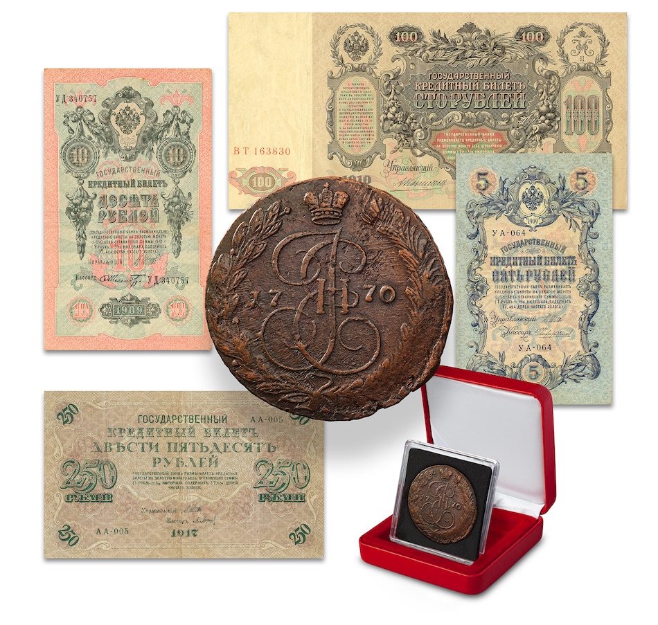 Image 711223.jpg, Product 711-223 / Price $169.95, Russian 5-Kopek Coin Catherine the Great (1763–1796) plus Four Banknotes (1909–1917) from The Coin Show with Steven Bromberg on TSC.ca's Coins department