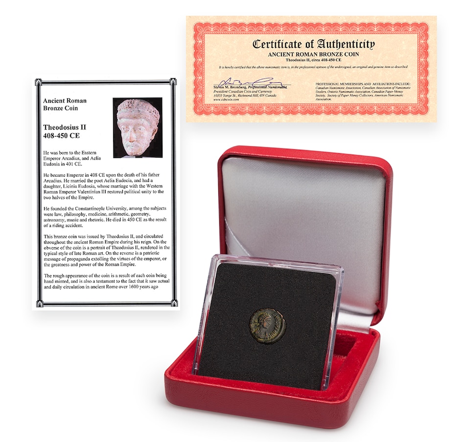 Image 711424.jpg, Product 711-424 / Price $59.95, Premium Quality Ancient Roman Bronze Coin Theodosius II, 408-450 CE from Canadian Coin & Currency on TSC.ca's Coins department