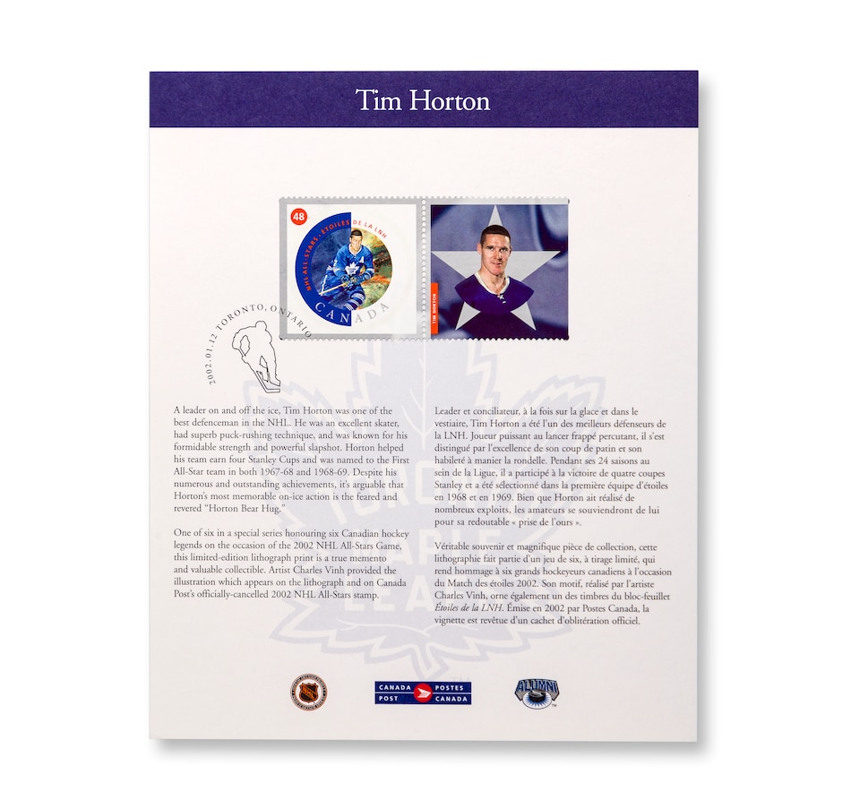 Image 711901_ALTMORE2.jpg, Product 711-901 / Price $12.99, Tim Horton NHL Lithograph Issued by Canada Post with Matching Canada Post Tim Horton Stamp on TSC.ca's Coins department