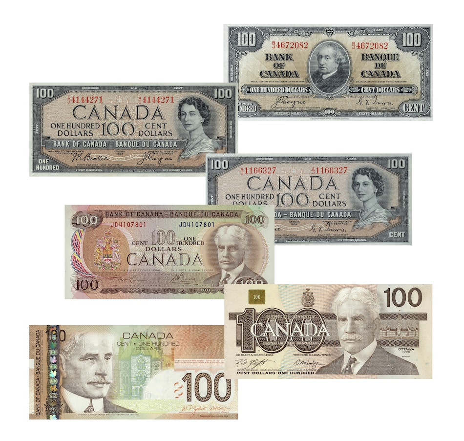 Image 711909.jpg, Product 711-909 / Price $1,695.00, $100 Banknote Collection 1937–2004, 6 Banknotes in Museum View Holders from Canadian Coin & Currency on TSC.ca's Coins department