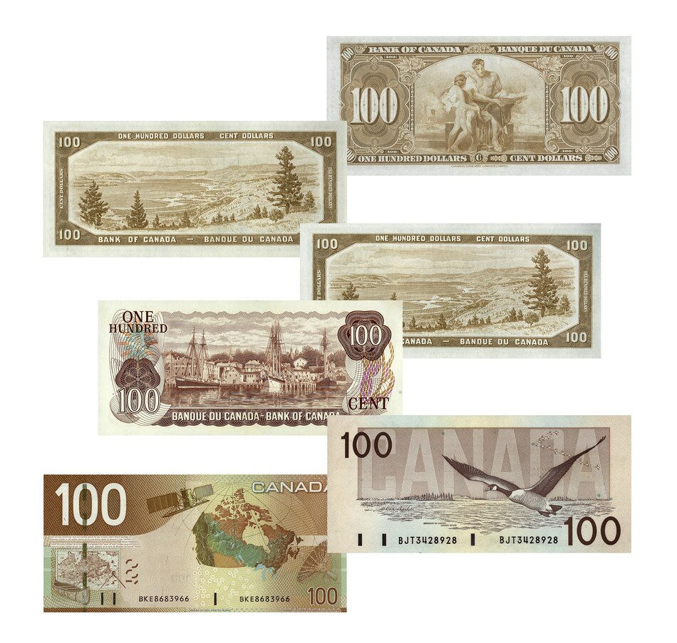 Image 711909_ALTMORE1.jpg, Product 711-909 / Price $1,695.00, $100 Banknote Collection 1937–2004, 6 Banknotes in Museum View Holders from Canadian Coin & Currency on TSC.ca's Coins department