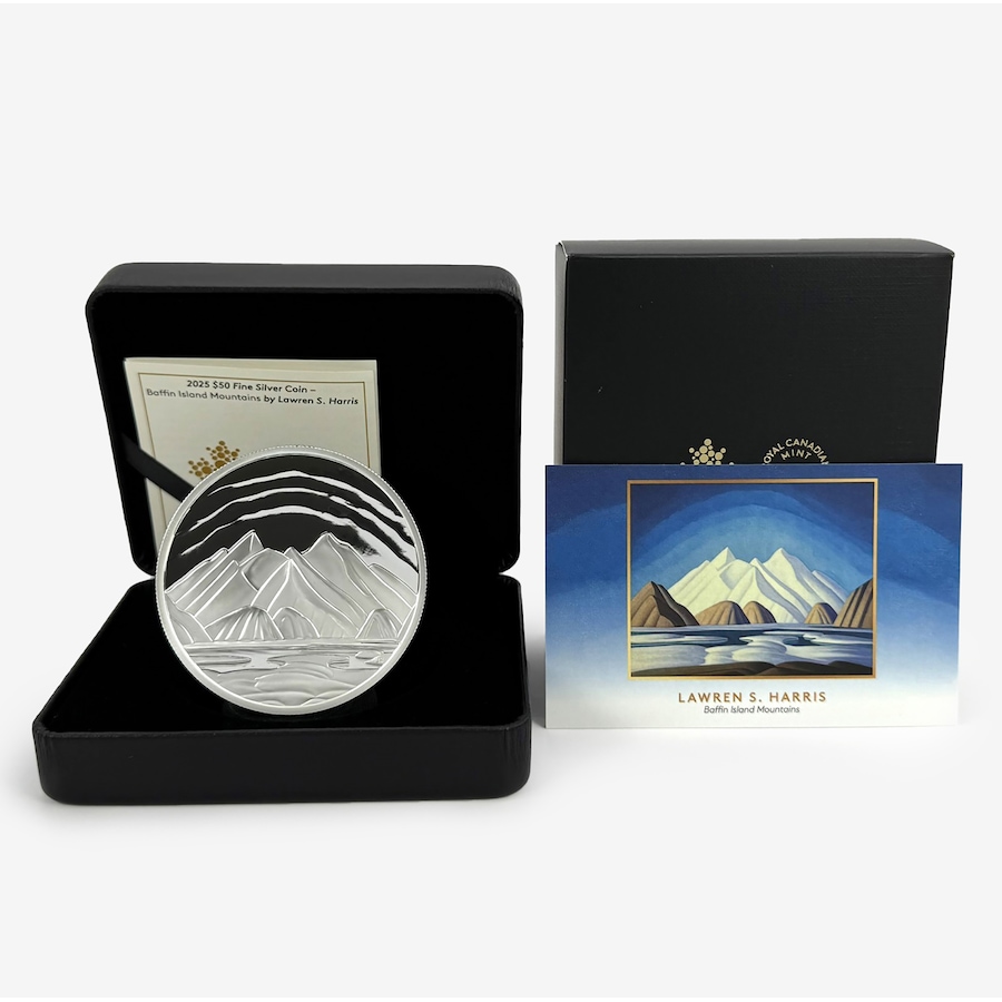 Image 711986.jpg, Product 711-986 / Price $999.95, 2025 $50 Fine Silver Baffin Island Mountains by Lawren S. Harris from Royal Canadian Mint (RCM) on TSC.ca's Coins department