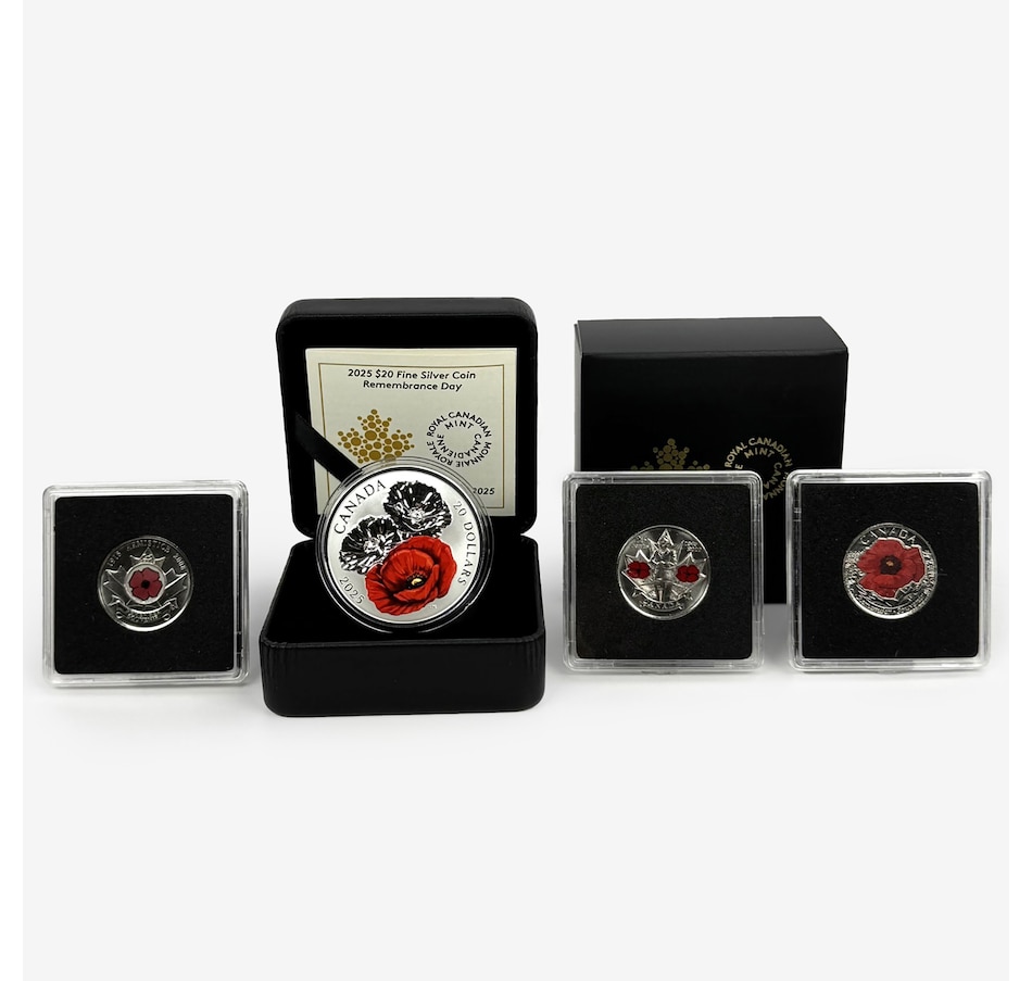 Image 711987.jpg, Product 711-987 / Price $134.95, 2025 $20 Remembrance Day Fine Silver Coin plus Three Bonus Coloured Poppy Coins from Royal Canadian Mint (RCM) on TSC.ca's Coins department