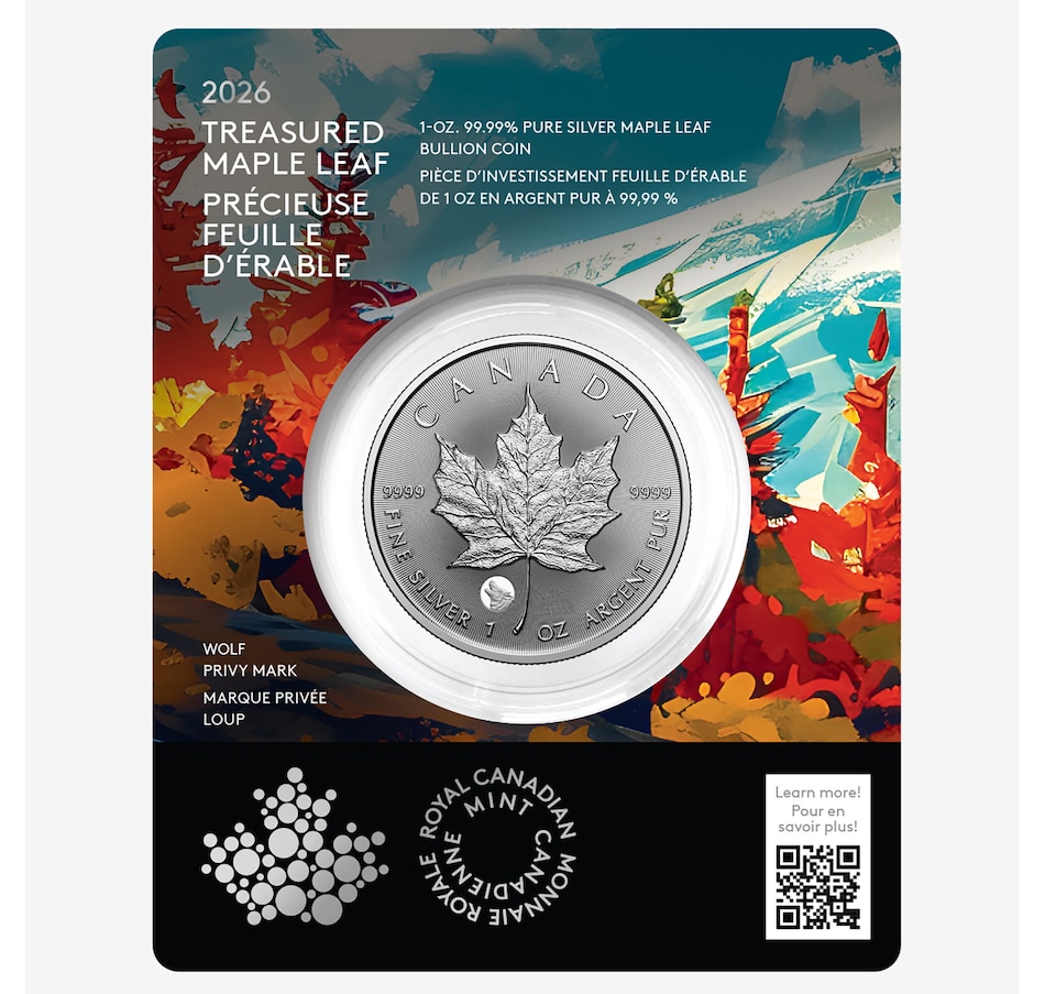 Image 711992.jpg, Product 711-992 / Price $109.95, 2026 One-Ounce $5 Pure Silver Treasured Maple Leaf Coin, Limited Edition with Wolf Privy Mark in Display Card from Royal Canadian Mint (RCM) on TSC.ca's Coins department