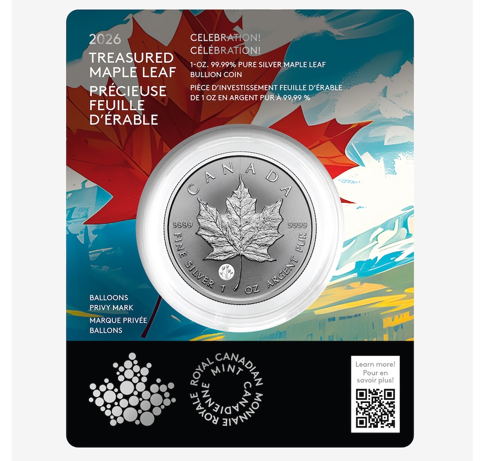 Image 711993.jpg, Product 711-993 / Price $109.95, 2026 One-Ounce $5 Pure Silver Treasured Maple Leaf Coin, Limited Edition with Celebration Privy Mark in Display Card from Royal Canadian Mint (RCM) on TSC.ca's Coins department
