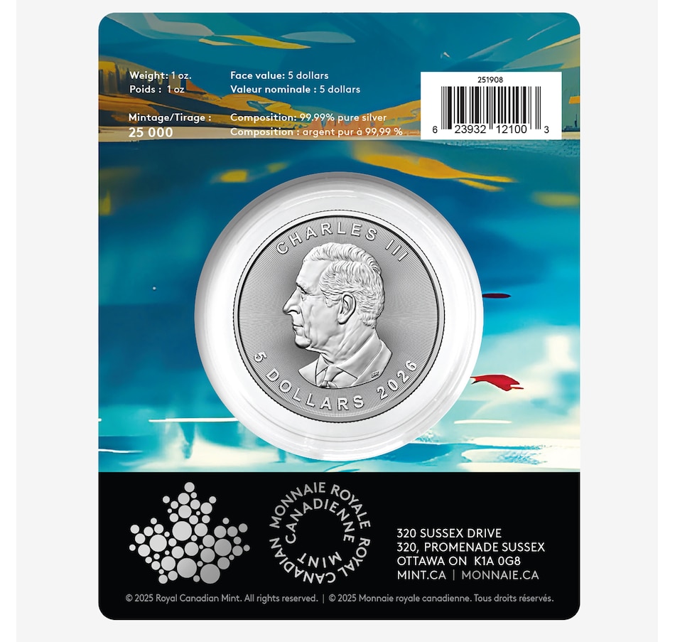 Image 711993_ALTMORE1.jpg, Product 711-993 / Price $109.95, 2026 One-Ounce $5 Pure Silver Treasured Maple Leaf Coin, Limited Edition with Celebration Privy Mark in Display Card from Royal Canadian Mint (RCM) on TSC.ca's Coins department