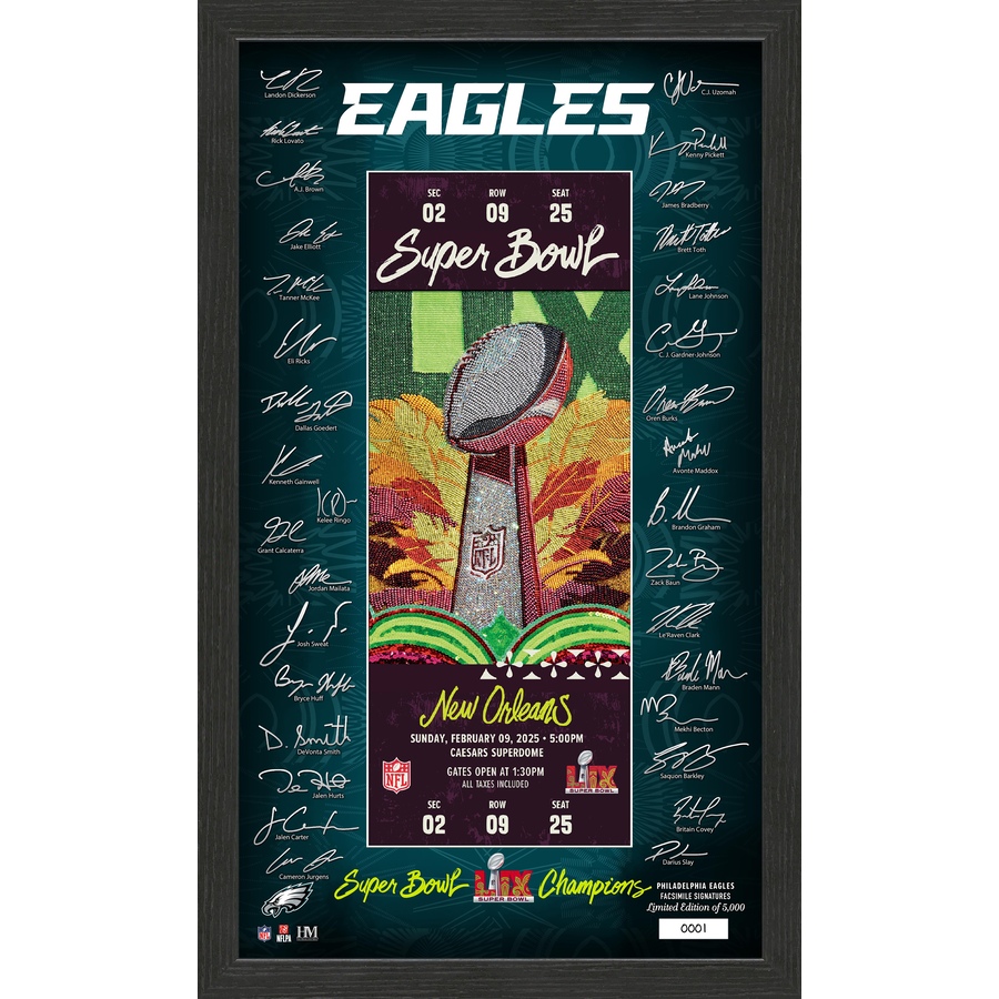 Image 712043.jpg, Product 712-043 / Price $99.99, Philadelphia Eagles Super Bowl LIX Champions Signature Ticket Frame from Highland Mint on TSC.ca's Sports department