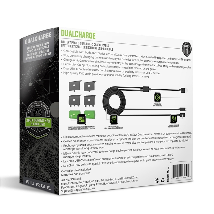 Image 712673_ALTMORE4.jpg, Product 712-673 / Price $26.99, Surge DualCharge Dual Battery Pack with Play and Charge Cable for Xbox Series X|S and One from Surge on TSC.ca's Toys & Hobbies department